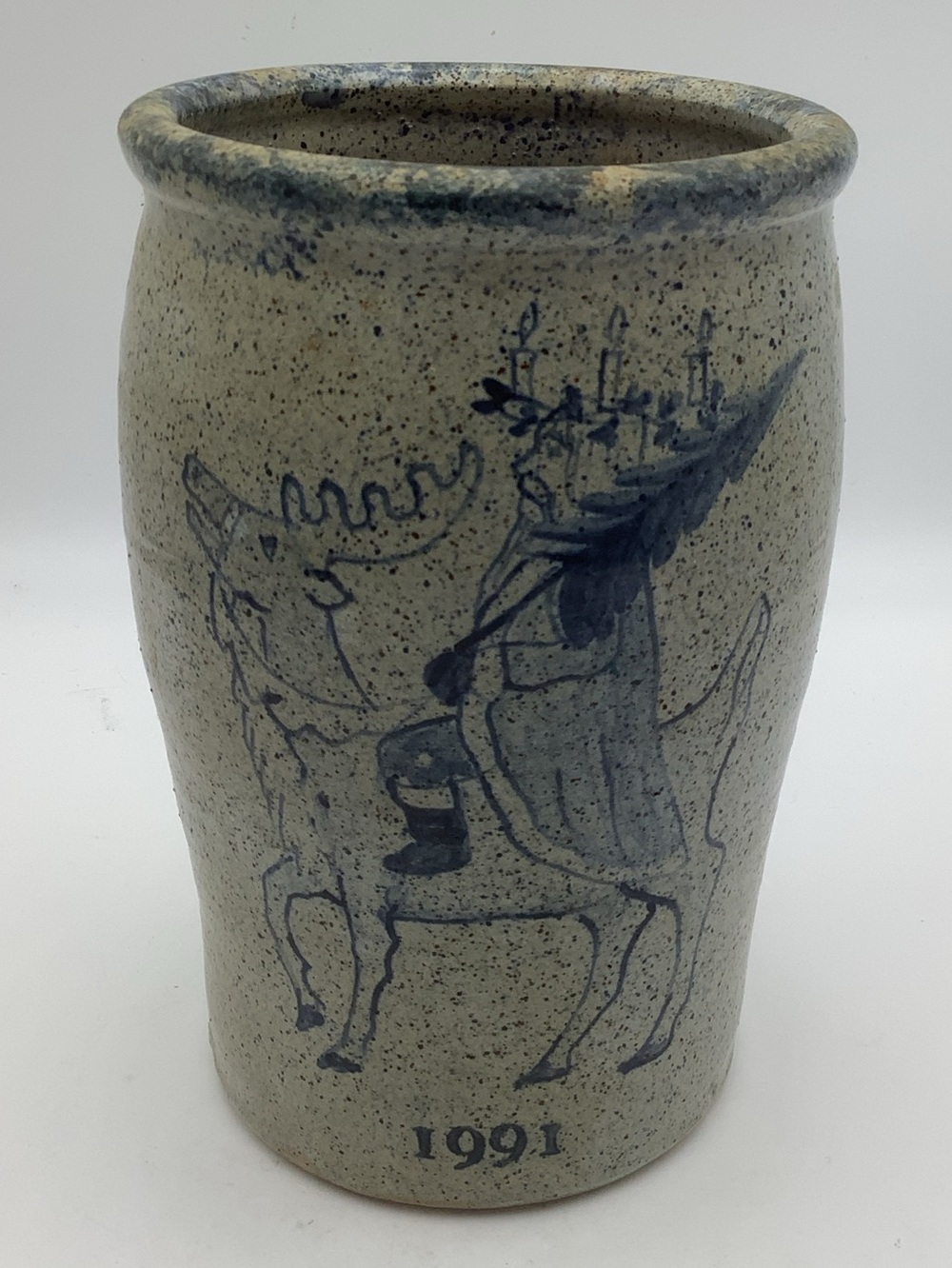 Holiday Crock Vase in Speckled Gray with Blue Motif (1991)